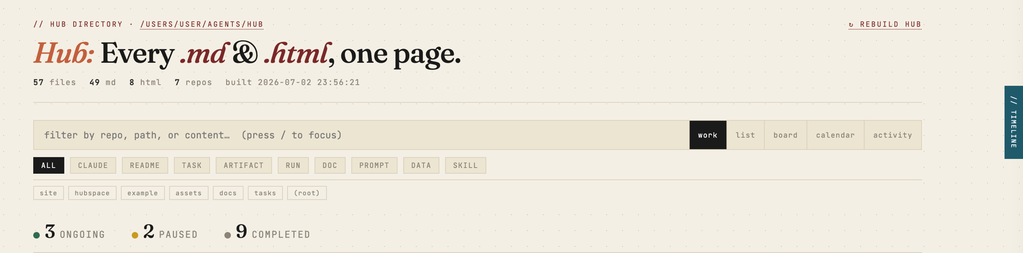 Hub index — every document in one searchable page